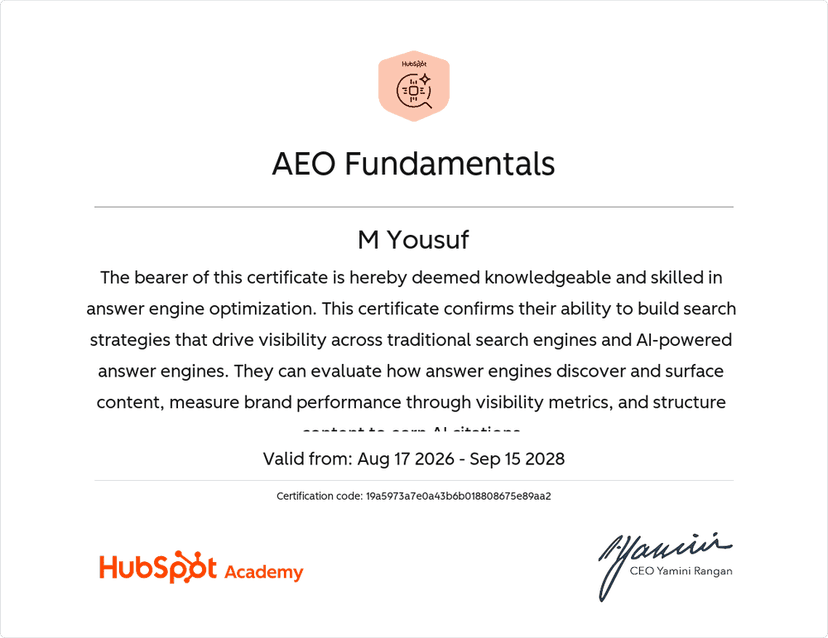 HubSpot Academy AEO Fundamentals certificate awarded to M Yousuf