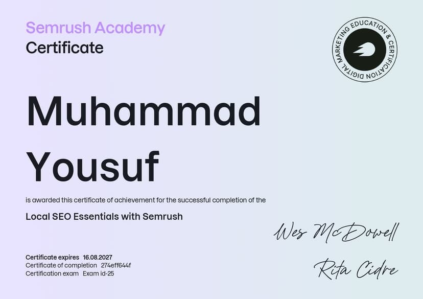 Semrush Academy certificate for Local SEO Essentials awarded to Muhammad Yousuf