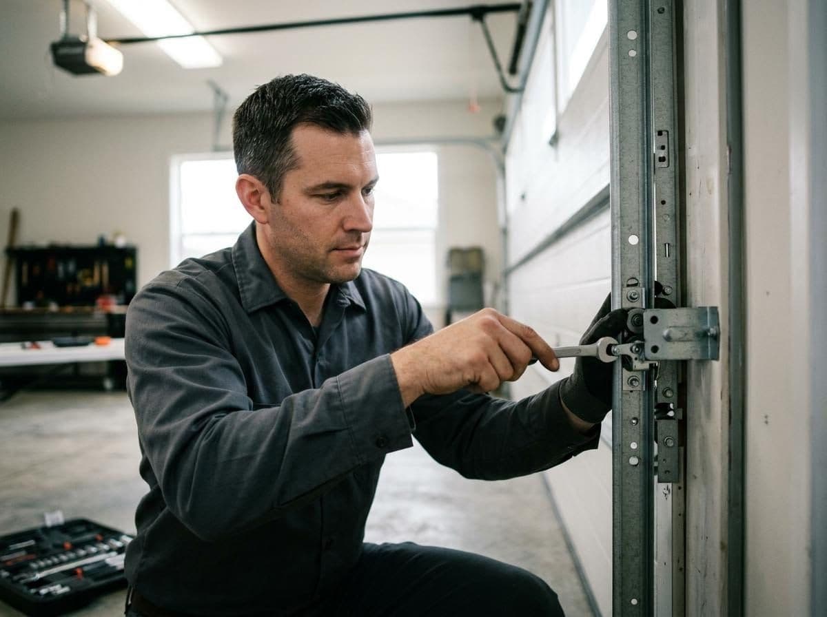 Technician repairing a garage door track