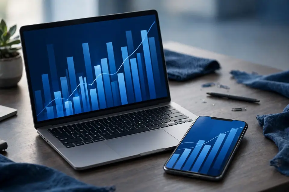 Laptop and phone on a desk showing abstract rising blue charts