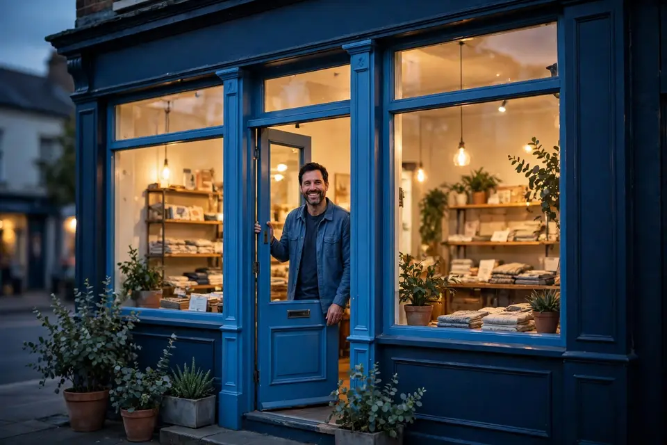 Smiling owner standing at the door of a welcoming local shop front
