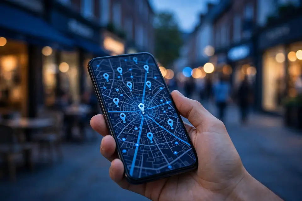 Smartphone showing a city map with location pins over a blurred local high street