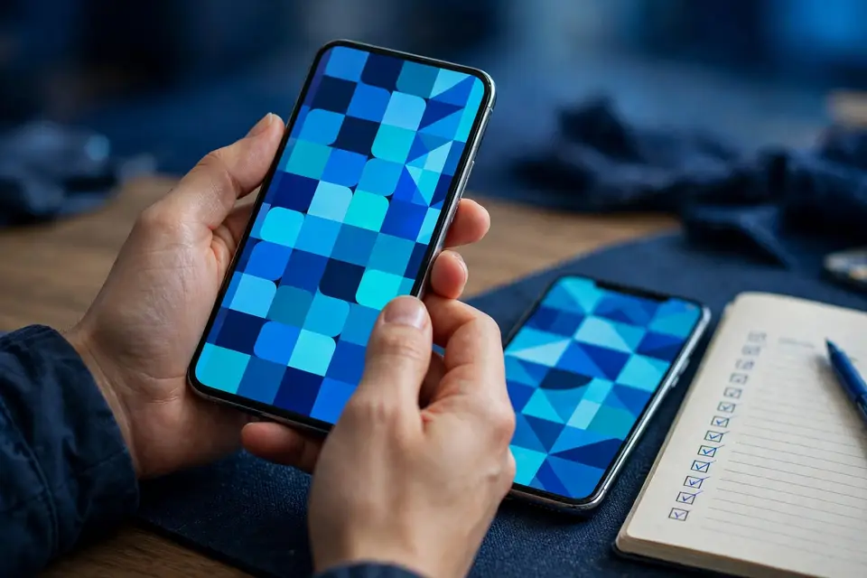 Hands holding a smartphone with a colourful grid of app icons